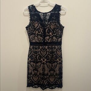 Soieblu Black Lace Overlay Mini Dress with Nude Underlay